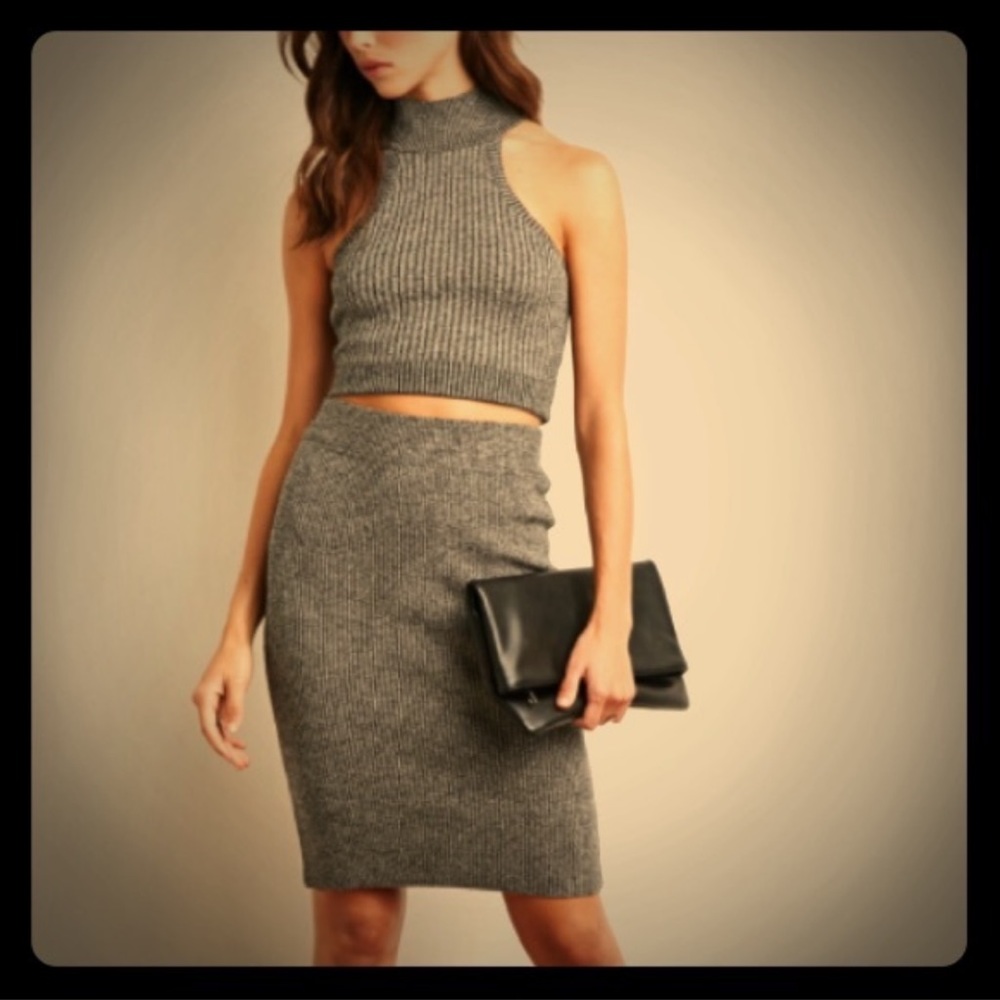 New Gray Crop Top Midi Skirt 2 Piece SET Sweater S